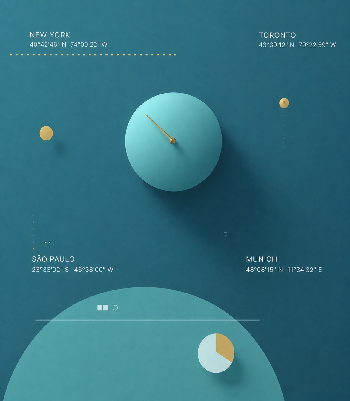 Global advisory visual showing coordinates for New York, Toronto, São Paulo and Munich